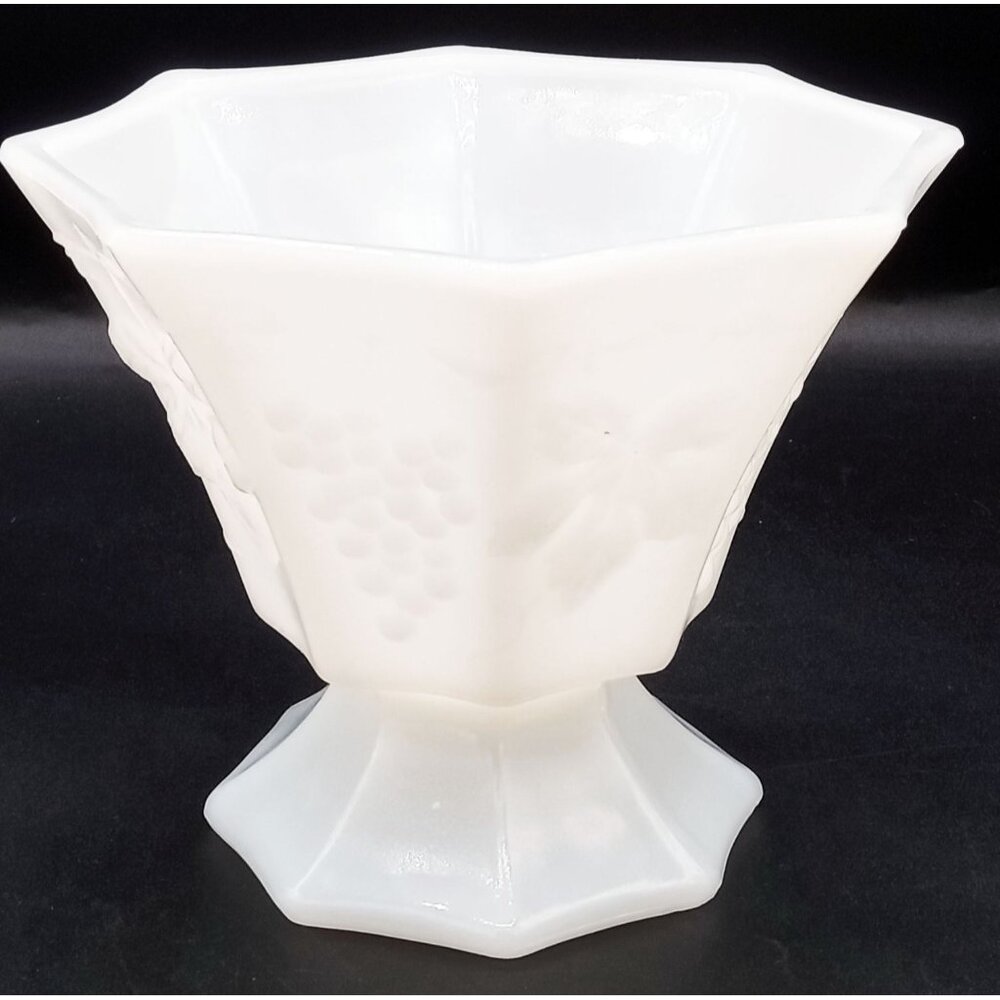 Pedestal Candy Dish Milk Glass Grape Vines Pattern Panels Vintage Hexagon 5.5 In